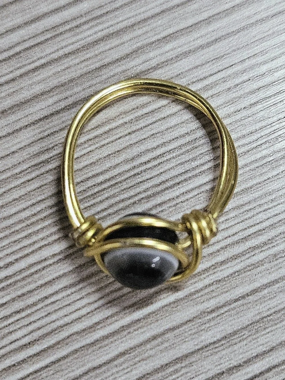 Gold Wire-Wrapped Black Evil Eye Bead Ring - Women Jewelry Size 7